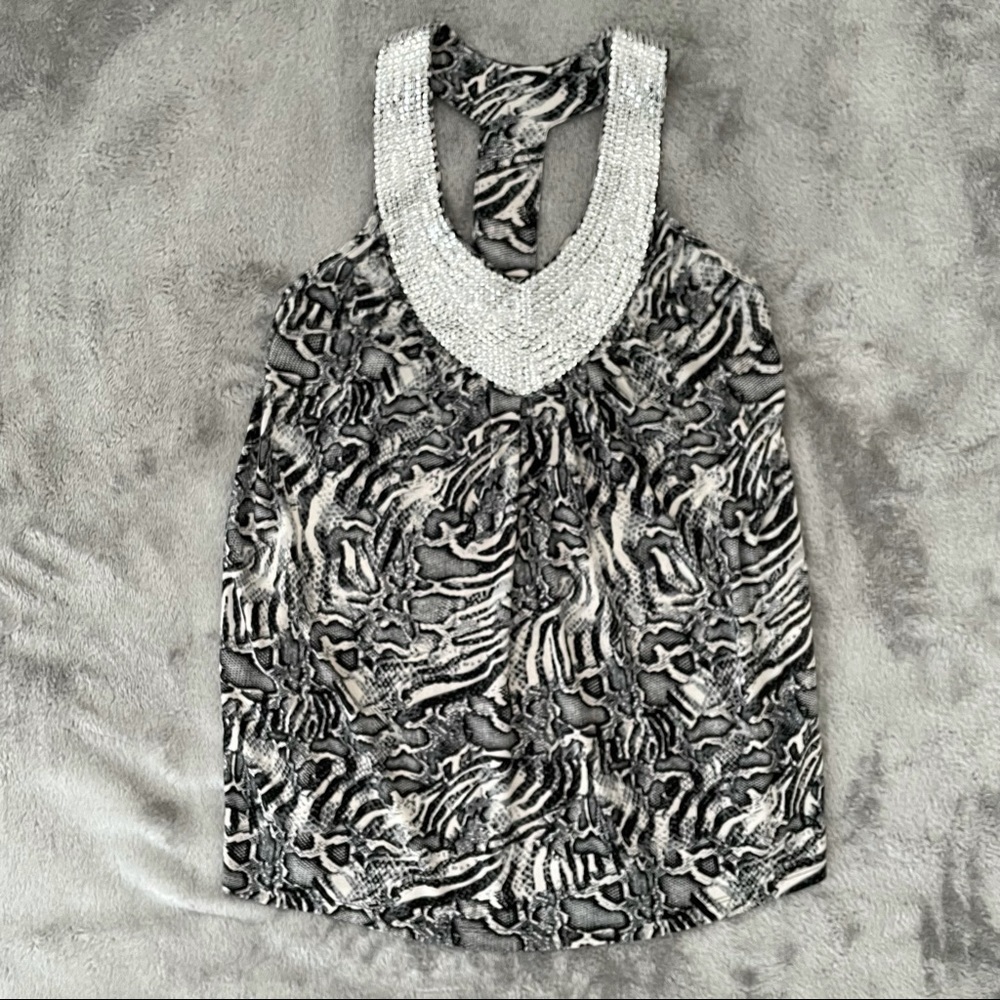 C. Olives Sequined T-Back Tank Python Print Sleeveless Top Size M Glam